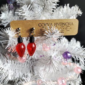 Pair of Handcrafted Transparent Red Christmas Light Bulb Dangle Earrings